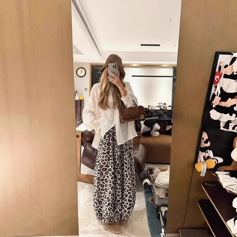 2026 New Women Leopard Print Nine Points Wide Leg Pants Loose Breathable High Quality Casual Trousers Fashion Office Comfortable
