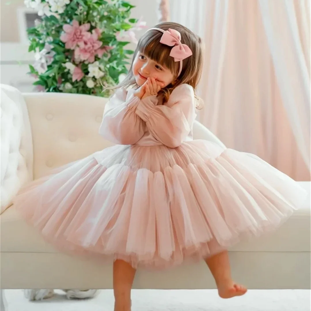 

Flower Girl Dress White Chiffon With Veil A-line Appliques Long Sleeves Fit Birthday Formal Party First Communion Gown