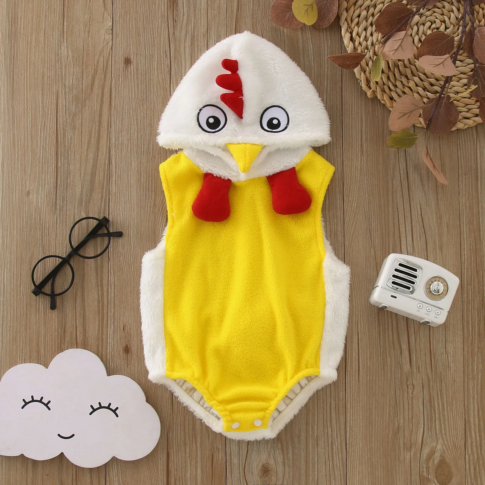 Infant Boys Girls Cosplay Chicken Animal Costume Winter Fleece Hooded Romper Bodysuits Clothes for Halloween Carnival Costume