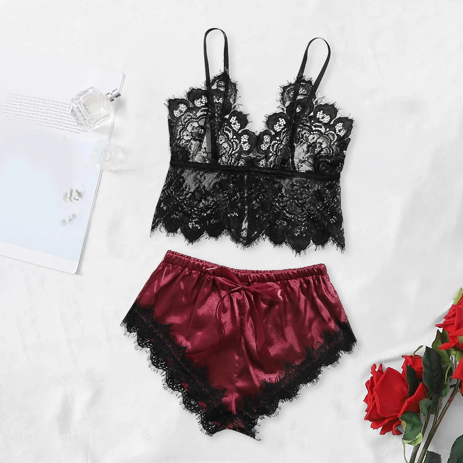 European and American large size fashion lace suspender shorts flirting fun lingerie pajamas two-piece suit women
