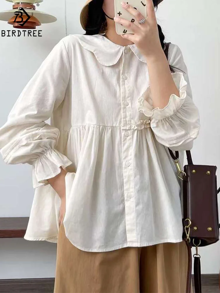 

New Summer Cotton Long Sleeve Shirt, Women Peter Pan Collar Ruched Top, Mori Girl Fashion Loose Blouse, 2024 Autumn T48441QM