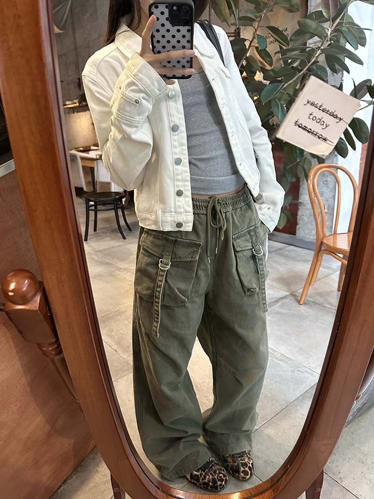 

URKR Американские рабочие брюки, женские крутые повседневные длинные брюки, популярные хлопковые прямые брюки в стиле ретро для девочек с талией