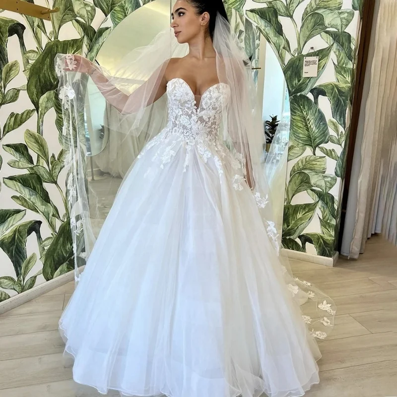 Wholesale Sweethear Wedding Dress for Women A-Line Tulle Lace Appliques Bridal Gowns White Robe De Mariee Corset Back