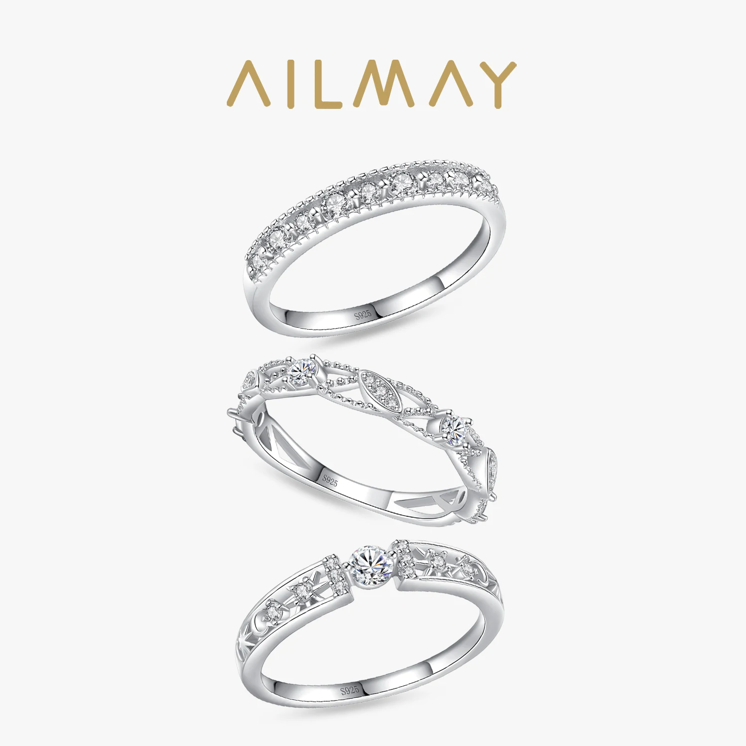 Ailmay New Sale Fashion 925 Sterling Silver Simple Geometric Stackable Rings Shining CZ  For Women Wedding Engagement Jewelry