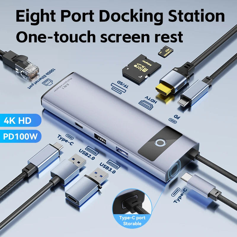 8 in 1 USB C HUB 4K60Hz Docking Station USB C Adapter USB3.0 RJ45 PD100W SD /TF Reader Ethernet 100W  For Macbook iPad Laptop PC