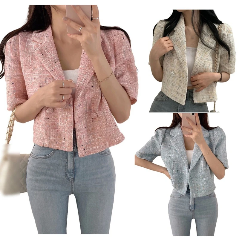 Chic Temperament Small Perfume Suit Collar Double Row Two Buttons Loose Bubble Sleeve Tweed Short Jacket