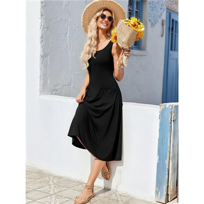 AOAO-Women's Summer Sleeveless Floral Beach Crewneck High Waist A-Line Midi Tank Dresses With Pockets