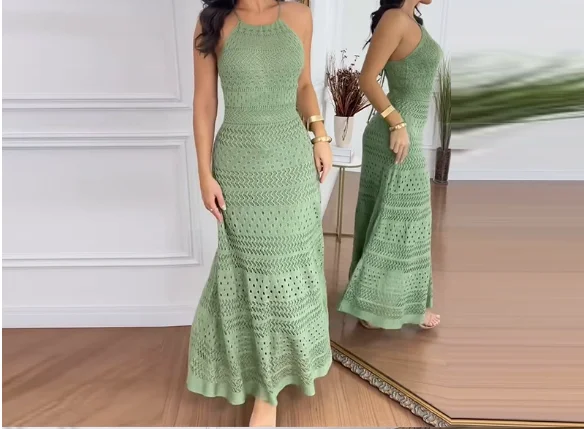 Nueva moda 2025 verano Casual Sexy vestidos elegantes mujeres nueva correa de corte bajo vestido de punto de Color sólido ropa de mujer