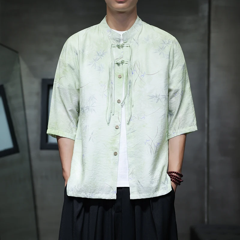 

Men's Summer Chinese Style Tunic Shirt Lightweight Vintage Ethnic Top with Frog Buttons & Half Sleeve for Casual Wear M-XXXXXL