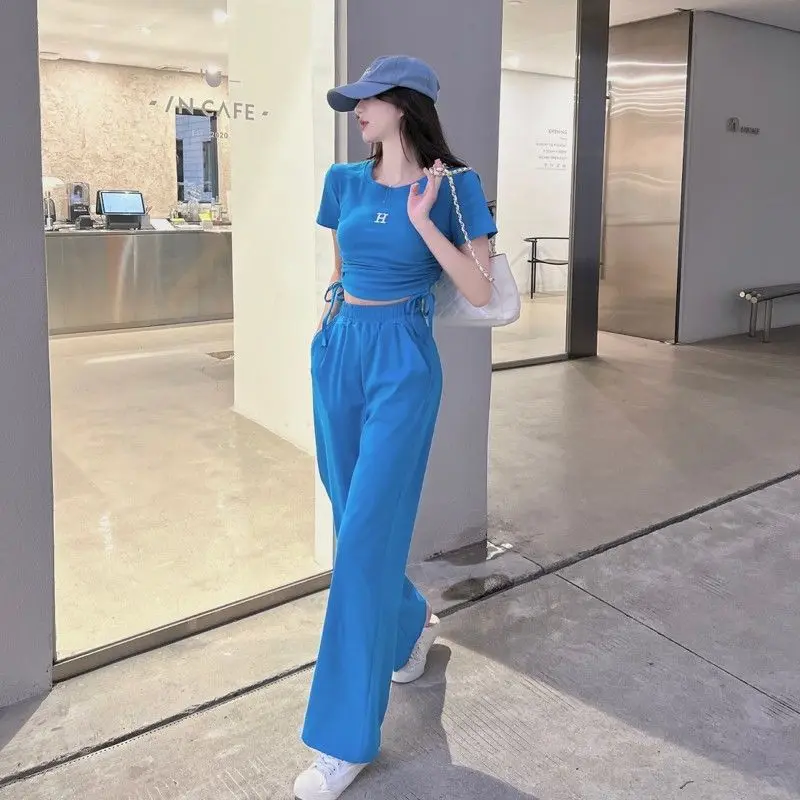 Sets Women Crop T-shirts Short Sleeve Letter Wide Leg Pants Fashion Chic Ulzzang Summer Thin Streetwear Harajuku Girls Casual