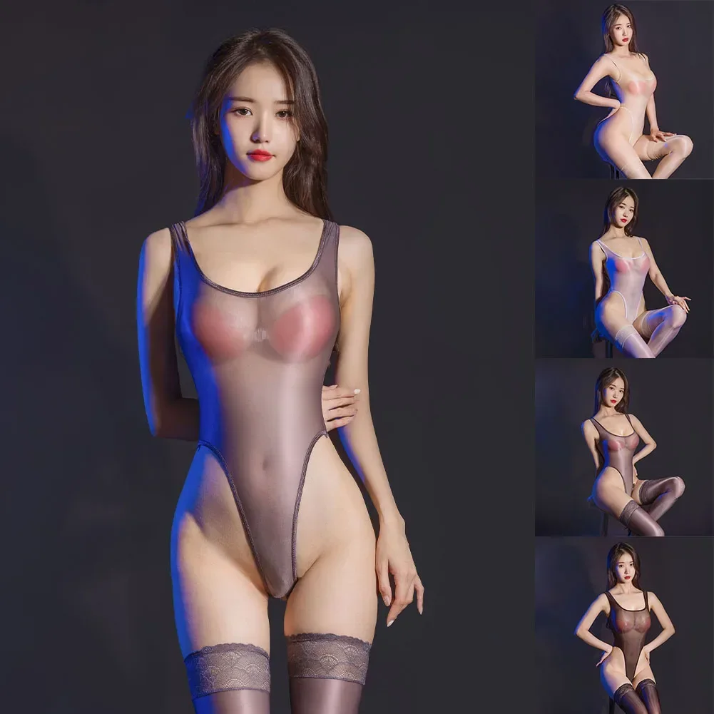 

Silky Smooth, Sleeveless Women's Sexy Lingerie Bodysuit, See Through Glossy Jumpsuit for Nightwear, Open Crotch Design