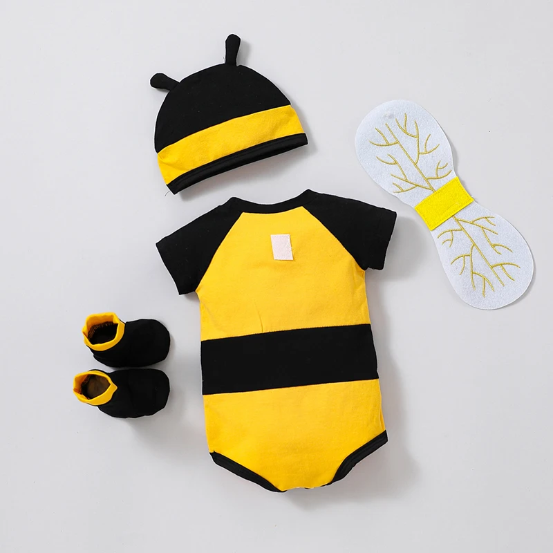 Newborn Baby Bee Costume Short Sleeve Honeybee Romper Hat Wings Socks Set