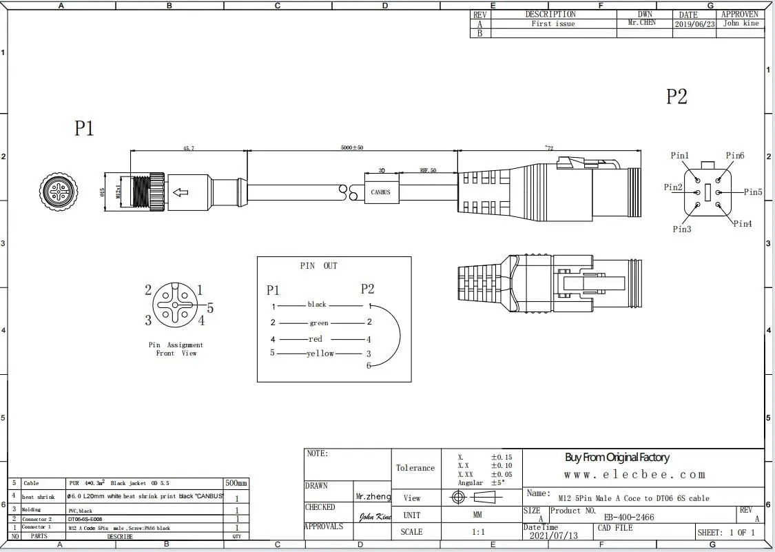 NMEA 2000 Network Cable, DT06-6S to M12 Male 5-Pin, 5 Meters Boat Marine GPS Chartplotter Sensor Extension Cord