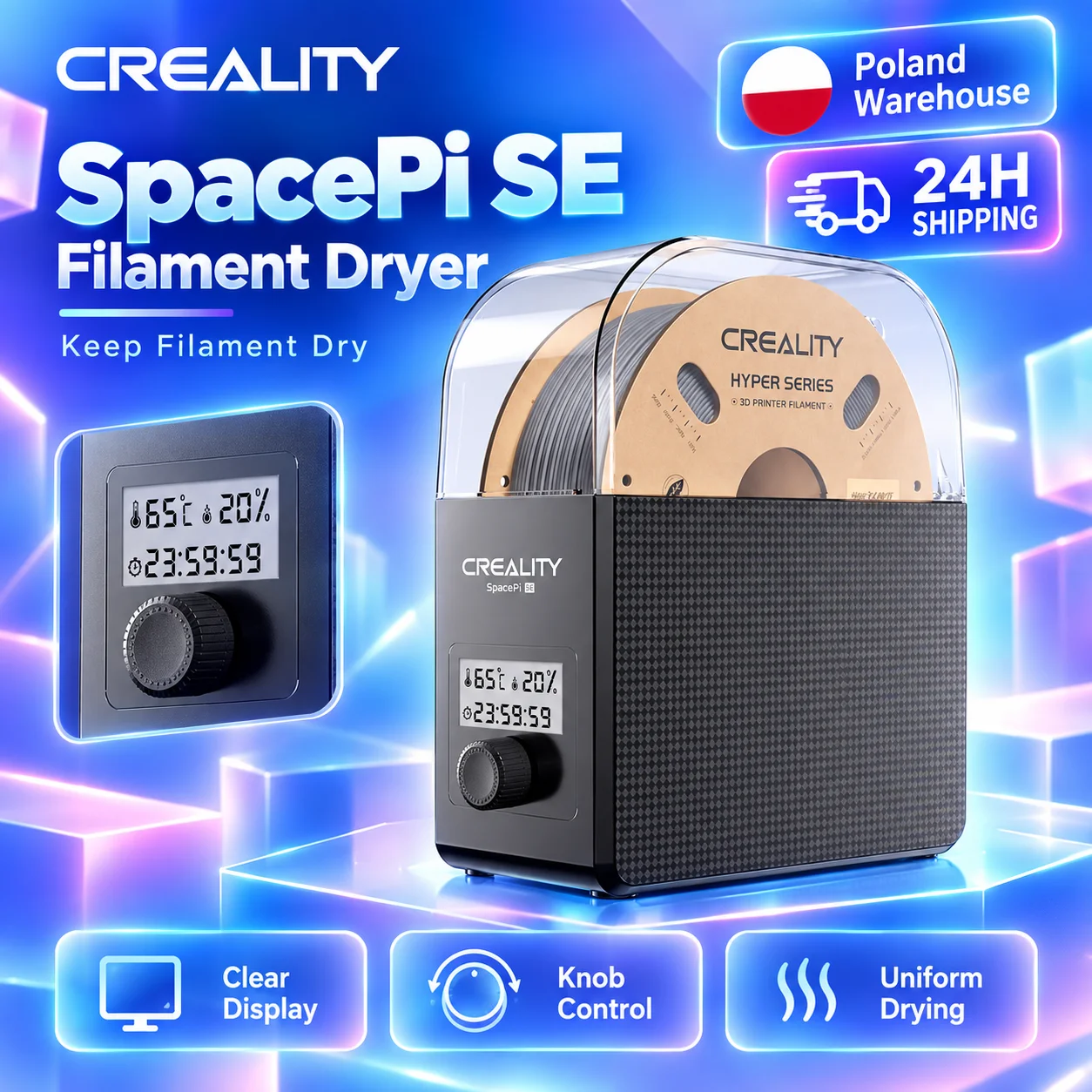 Creality Spacepi Se Filament-Trockner, verbesserte PTC-Heizlösung, 2. Generation, Temperatur- und Feuchtigkeitssensor für 1,75- und 2,85-mm-Filamente für 3D-Drucker.