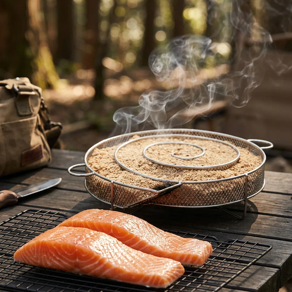 Round Stainless Steel Smoking Tray, Outdoor Hunting Food Processing Cold Smoker, Bbq Grill Wood Chip Smoke Box, Camping Barbecue Meat Smoking Tool (Does Not Come into Direct Contact with Food)