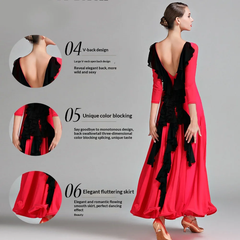 Red Ballroom Dance Practice Clothes Trendy Light Blue Elegant Women's Performance Women's Contrast Color V-Back Costume Show