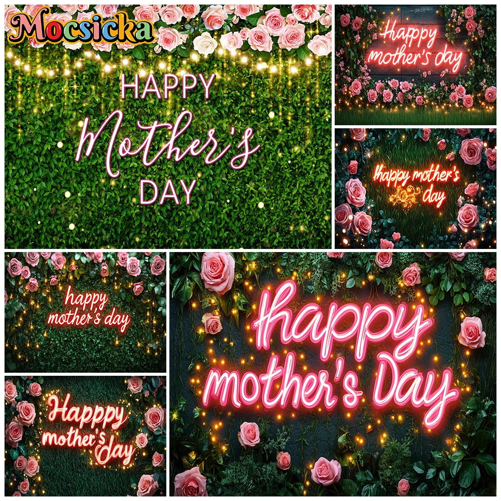 

Mocsicka Happy Mother's Day Photography Background Green Leaf Flower Decors Photo Studio Wallpaper Women Girl Portrait Backdrops