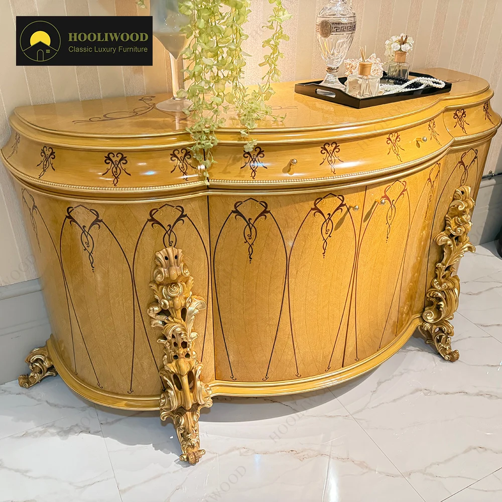 #Villa Luxury House Oval Wooden Sideboard Golden Carvings Luxury Classic Style Console Cabinet