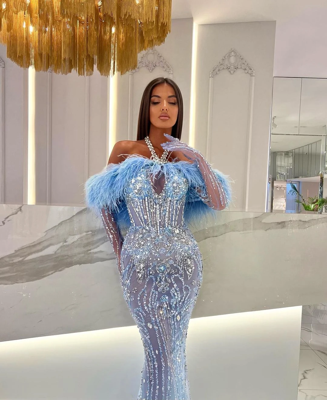 Blue Halter Evening Gown Shiny Crystal Lace Mermaid Dresses Off The Shoulder Feather Prom Dress Formal Custom Made