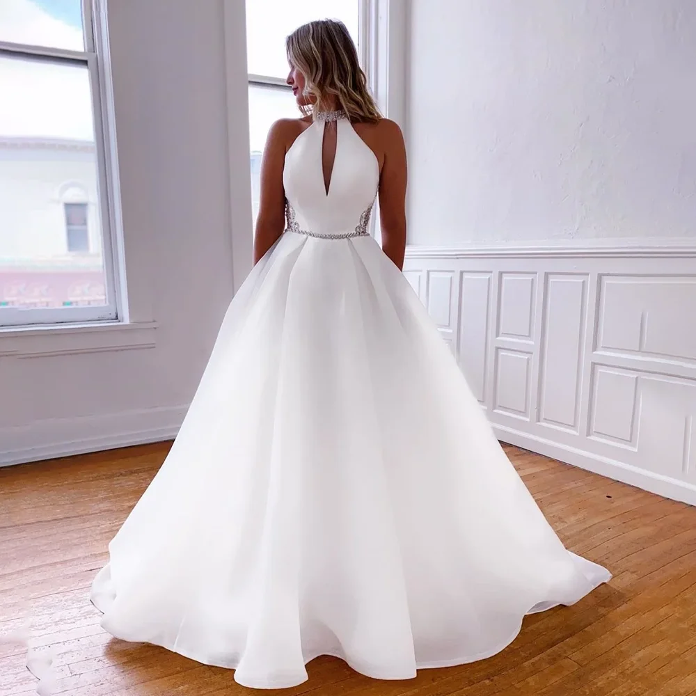 MANRUIXIN 맞춤형 A라인 보헤미안 웨딩 드레스 여성용 화이트 오간자 하이넥 크리스탈 신부 드레스 로브 드 마리아쥬