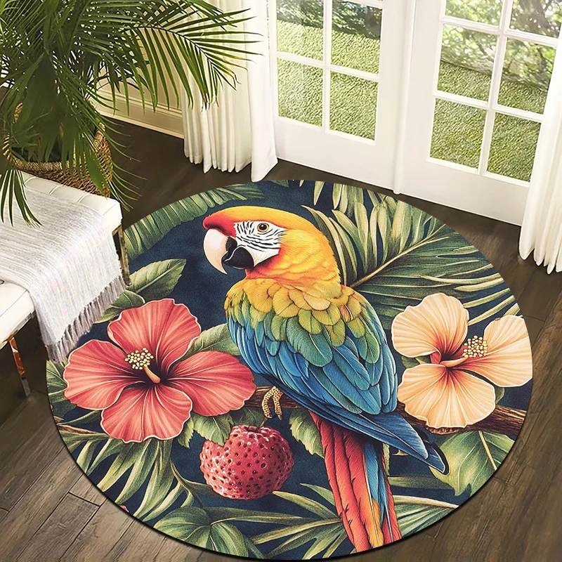 Parrot and Floral Style Flannel-printed round floor mats are slip-resistant Suitable living room bedroom terrace garden carpets