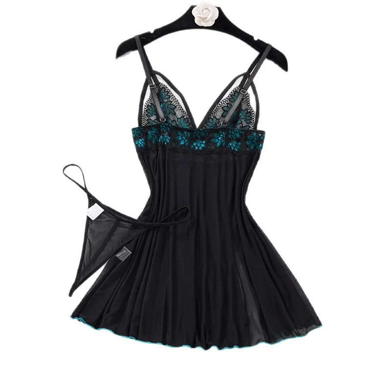 

Fashionable lace lingerie set - luxurious floral lace women's sexy deep V bandeau nightgown couple pajama set with thong pants
