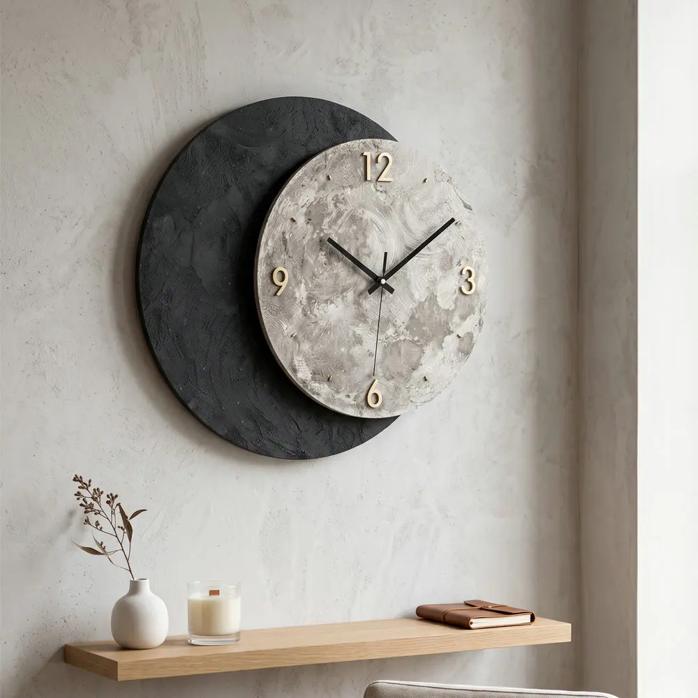 Vintage Wooden Wall Clock, Black Moon Design, 40cm Silent Non-Ticking Decorative Clock for Living Room Bedroom Home Decor