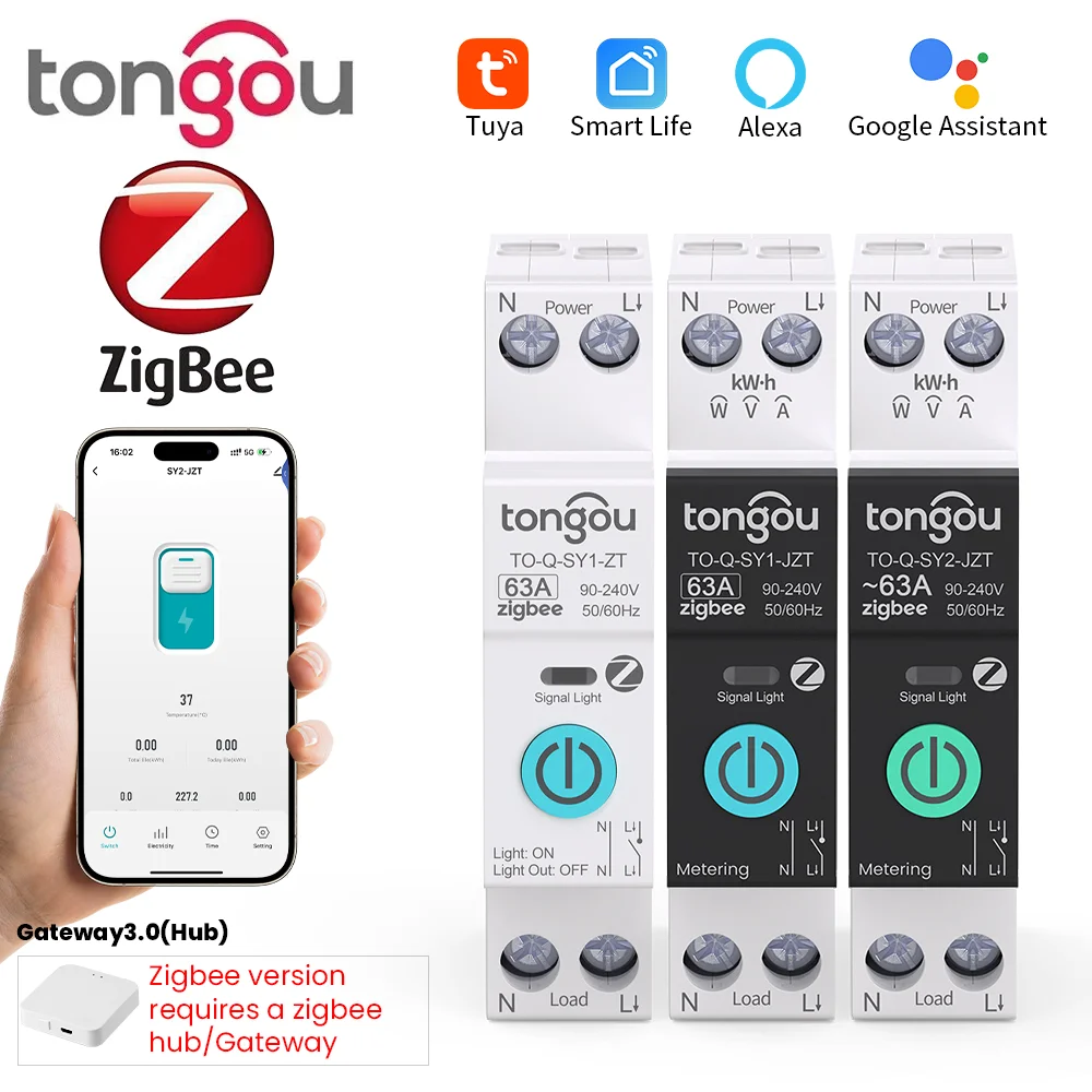 מפסק זרם חכם TUYA ZigBee עם מדידה 1P 63A מסילת DIN לבית חכם, מתג שליטה מרחוק אלחוטי דרך אפליקציית Smart Life