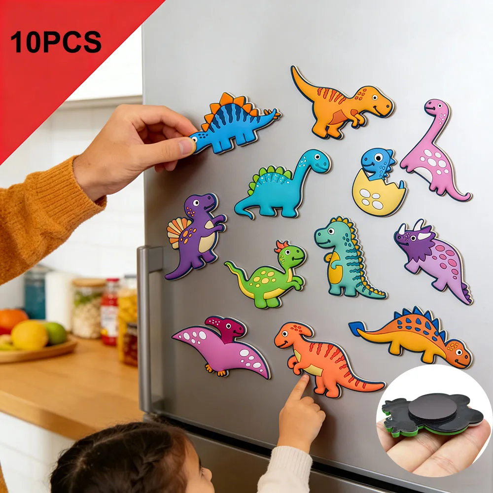 10pcs/set Cartoon Refrigerator Magnets Refrigerator Decor Funny Cute Cartoon Dinosaur Fridge Magnets Home Decor Supplies Props