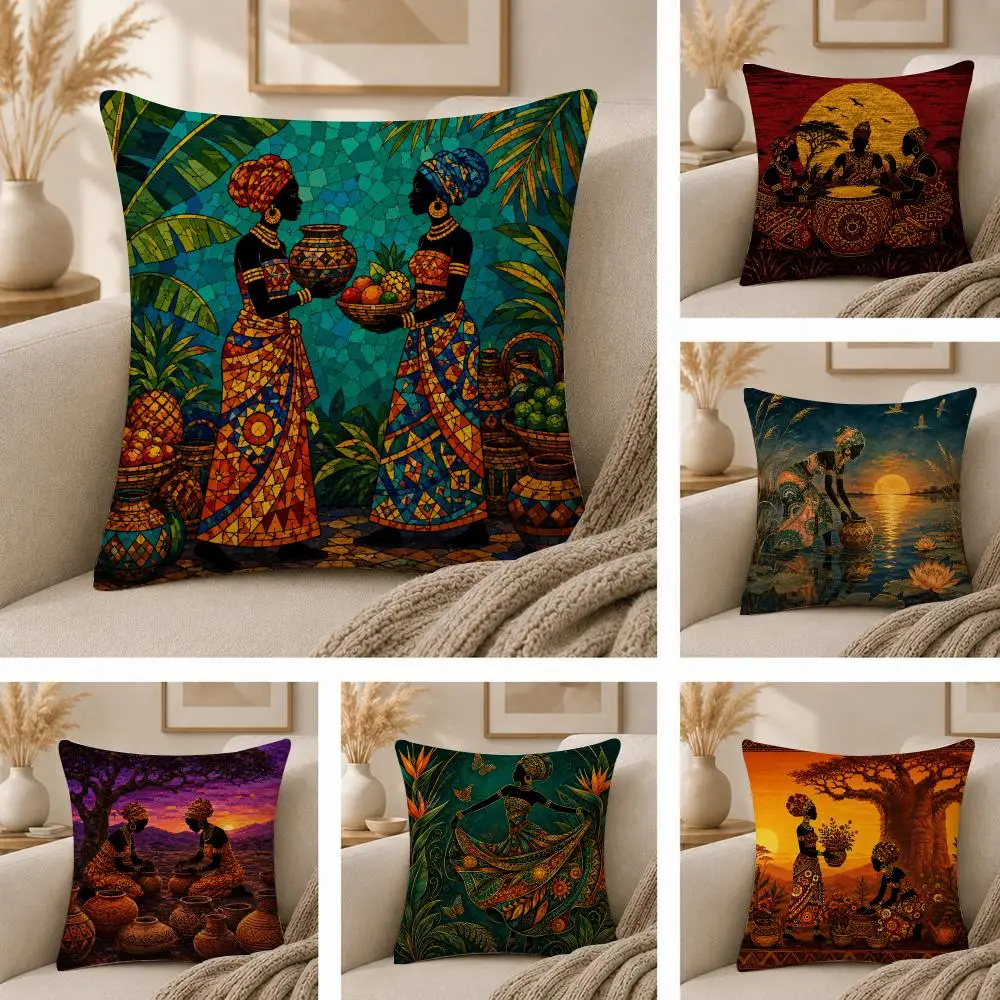 African Folk Wall Art Cushion Cover  Plush Fabric Soft Double Sided Print Sofa Cushion Cover Throw Pillow Covers