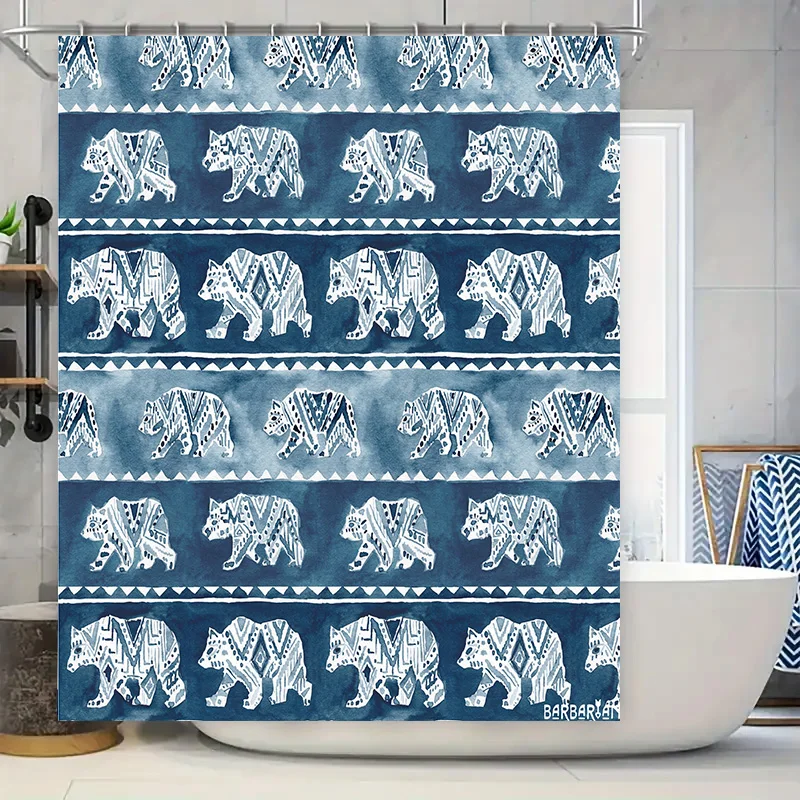 

Blue White Bear Print Shower Curtain Set for Bathroom Decor Waterproof Fabric with Hooks Included
