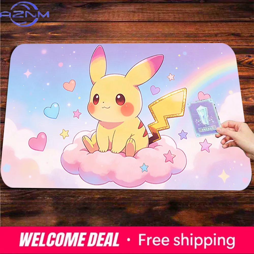 Niedliche Pikachu-Mausmatte mit rosa Wolke, Regenbogen- und Herz-Print, rutschfeste, waschbare Gaming-Schreibtischunterlage