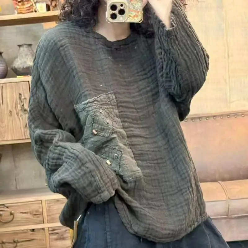 2026 Spring Autumn Arts Style Women Long Sleeve O-neck Loose Casual Tops Tees Vintage Patch Pockets Cotton Linen Tee Shirt F7861