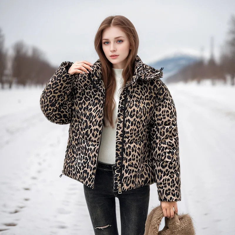 

Зимнее женское пальто с леопардовым принтом, стеганая куртка с воротником-стойкой и капюшоном на молнии для женщин, стильное повседневное женское пальто