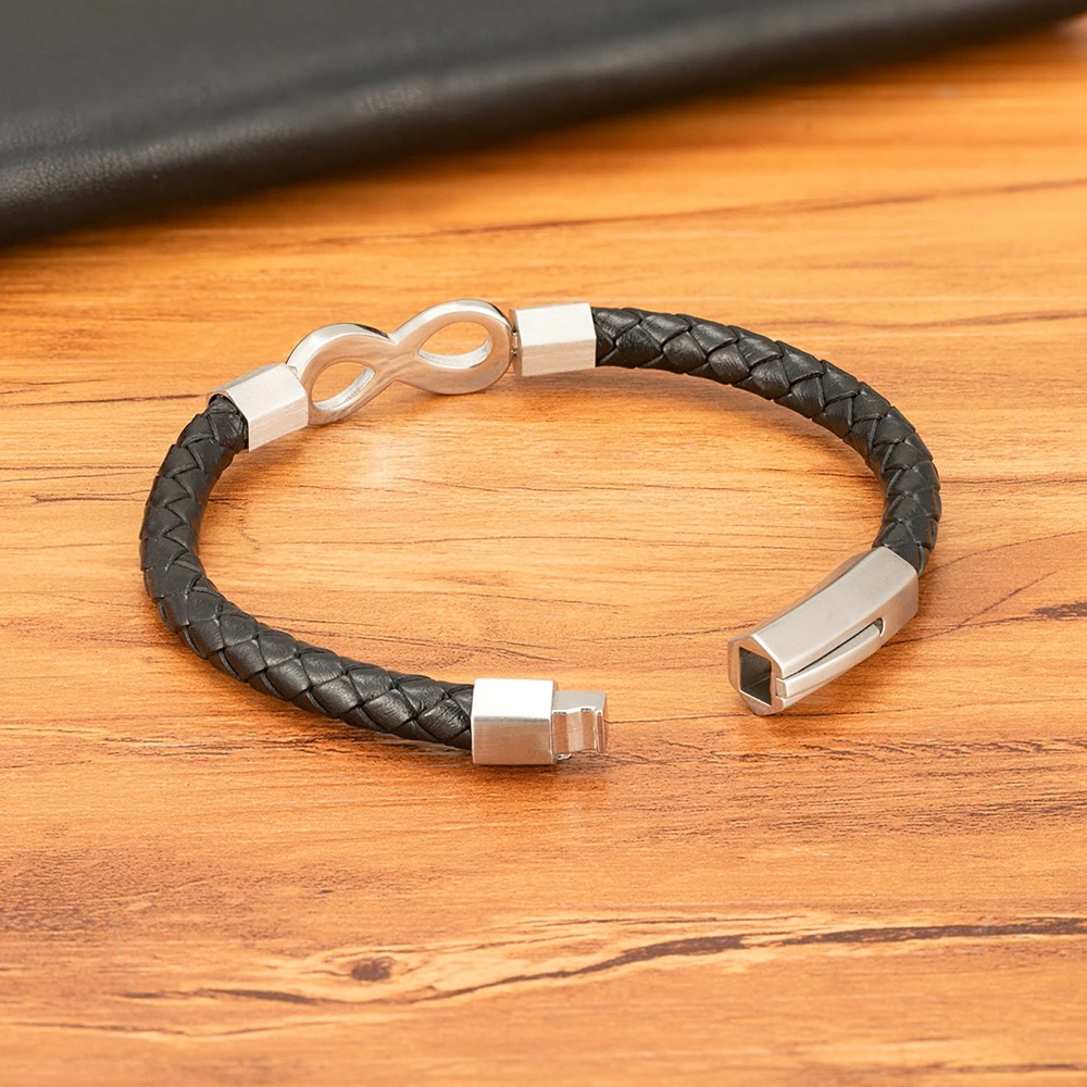 XQNI Leather Bracelet Infinity Shape Special Popular Pattern Men\'s Bracelet for Men Stainless Steel Jewelry Accessories Gift