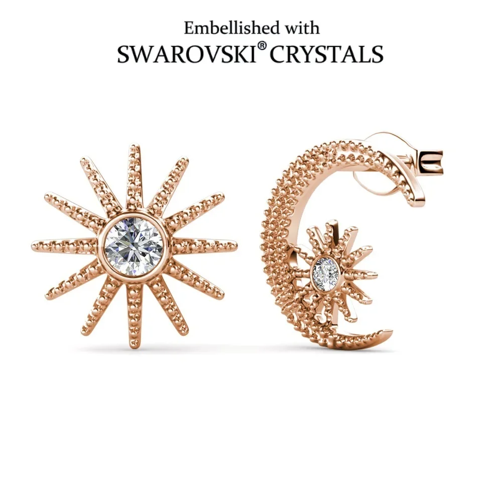 Daisini Star Moon Stud Earrings 18K Gold Plated Embellished with Swarovski Crystals for Women Men Different Jewelry Stack-able
