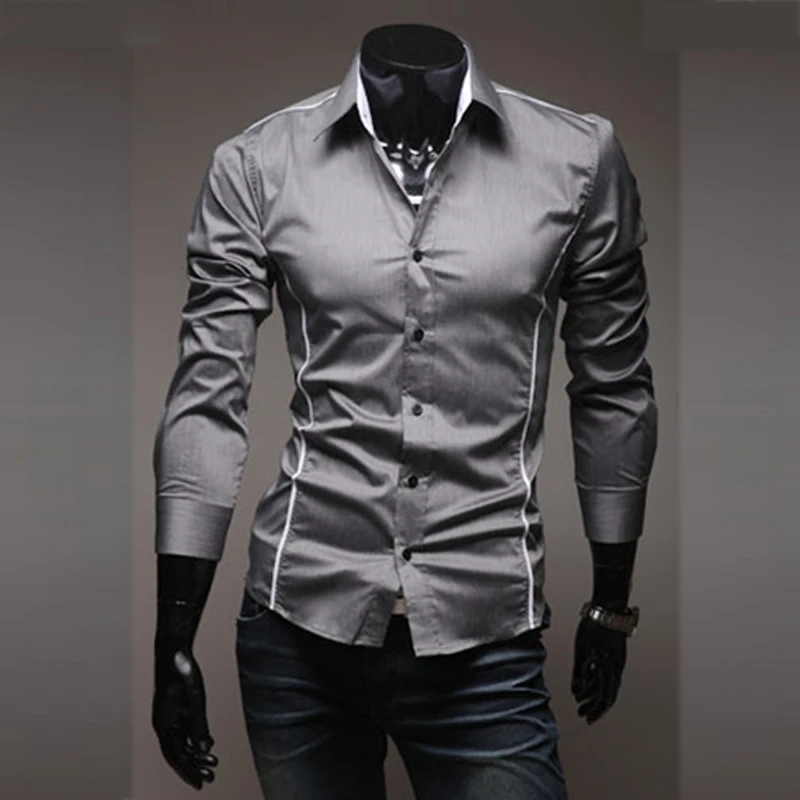 Camisas listradas de manga comprida masculina, camisas listradas masculinas, roupas sociais, slim fit, cinza, 2022