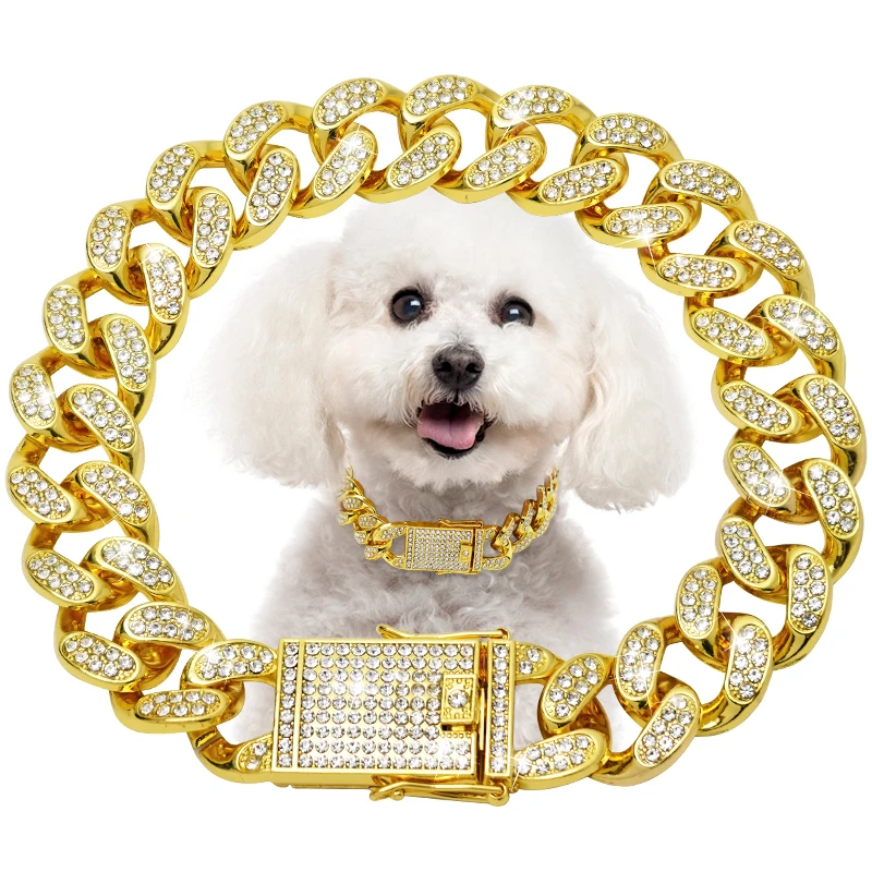 

Dog Chain Diamond Cuban Collar,with Design Secure Buckle,Walking Metal Chain Collar,Pet Cat Cuban Collar Jewelry Accessories