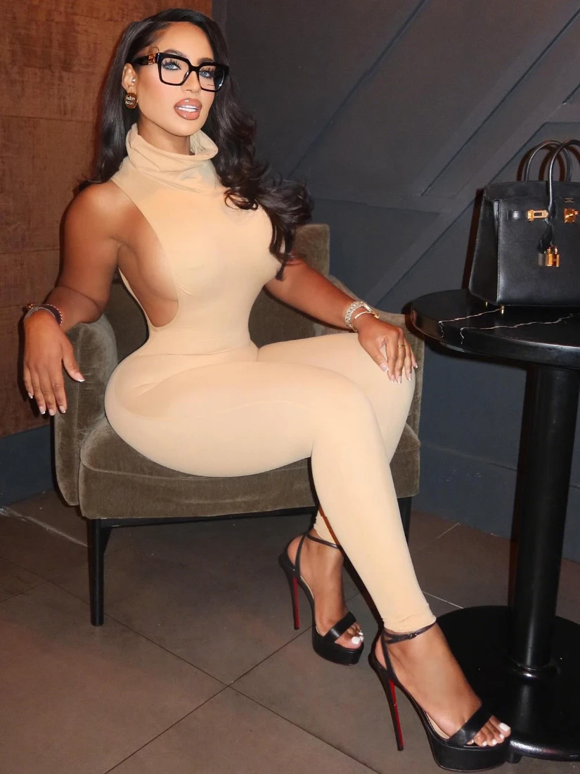 Stsss moda sólida gola alta sem costas macacão feminino elegante sem mangas cintura alta magro estiramento uma peça macacão streetwear