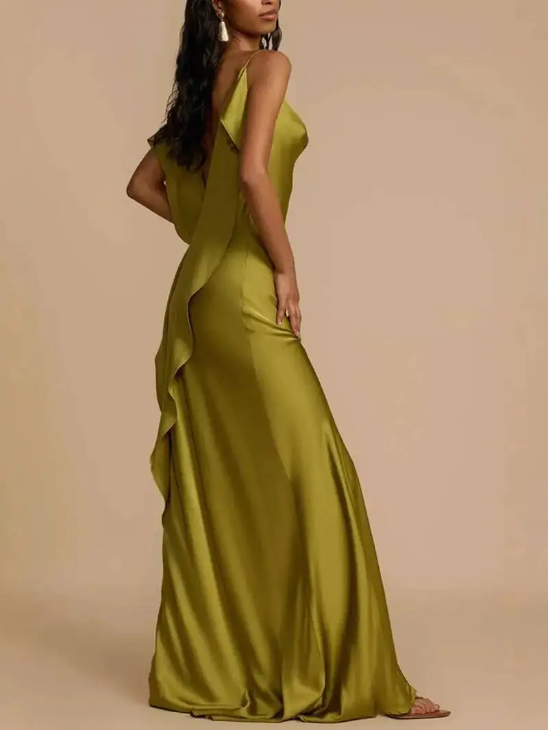 Elegant Green Satin Ruffles Sling Long Dress Women Sexy Backless Sleeveless Split Slim Dresses Lady 2025 Party Club Vestidos 1I8