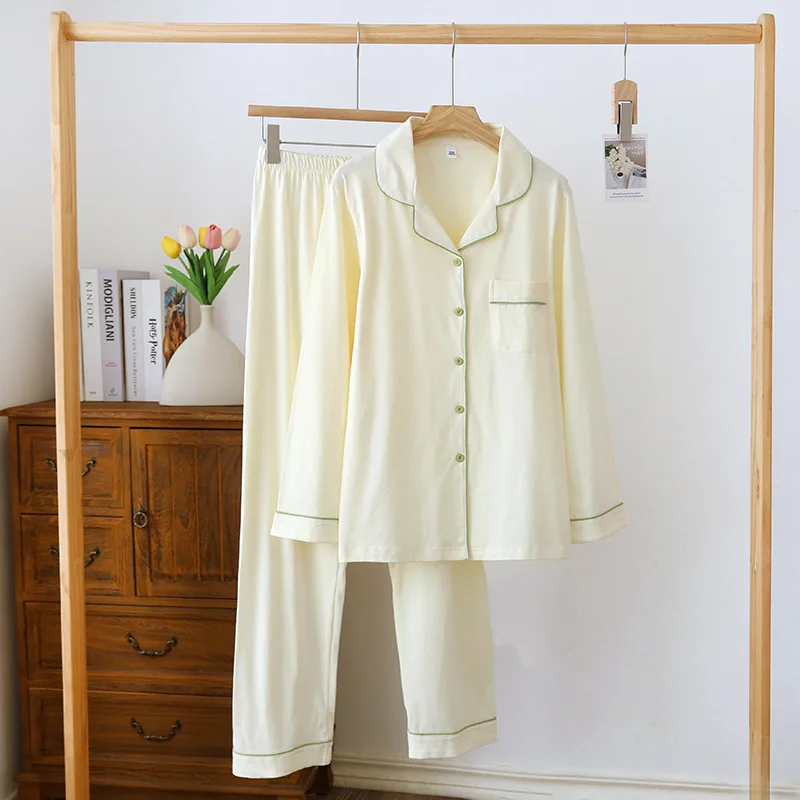 Japanese style spring and autumn ladies cotton knitted pajamas suit long-sleeved trousers two-piece suit cute home service woman