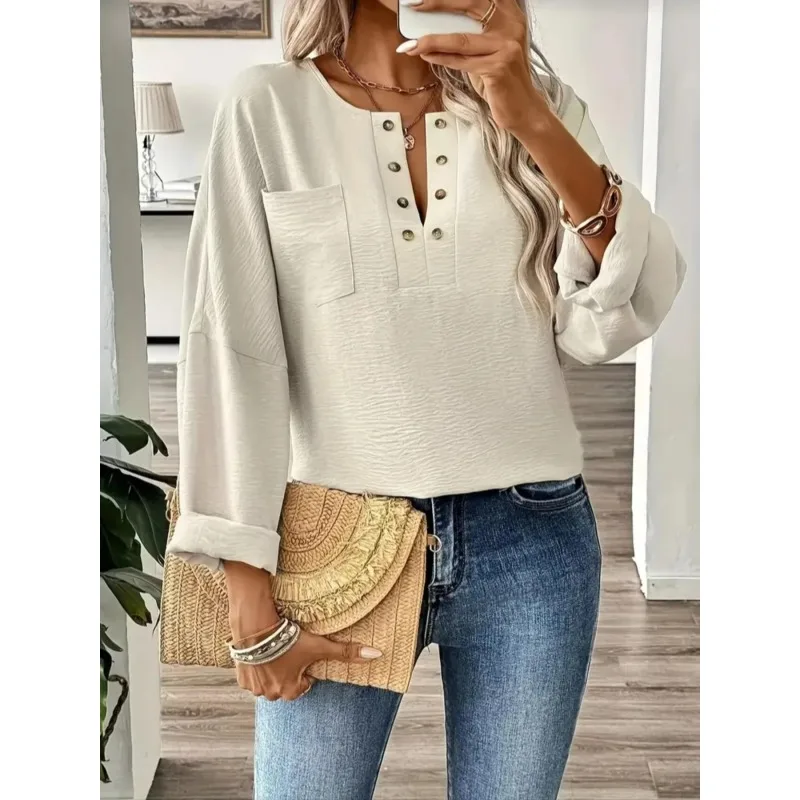 New Women's Solid Color Button Front Long Sleeve Shirt Casual Fashion Top Comfortable Women Tops
