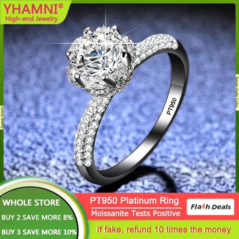 

YHAMNI PT950 Platinum Rings With 1 Carat Moissanite High-End Round Six-Prong Diamond Ring For Women Engagement Anniversary Gift