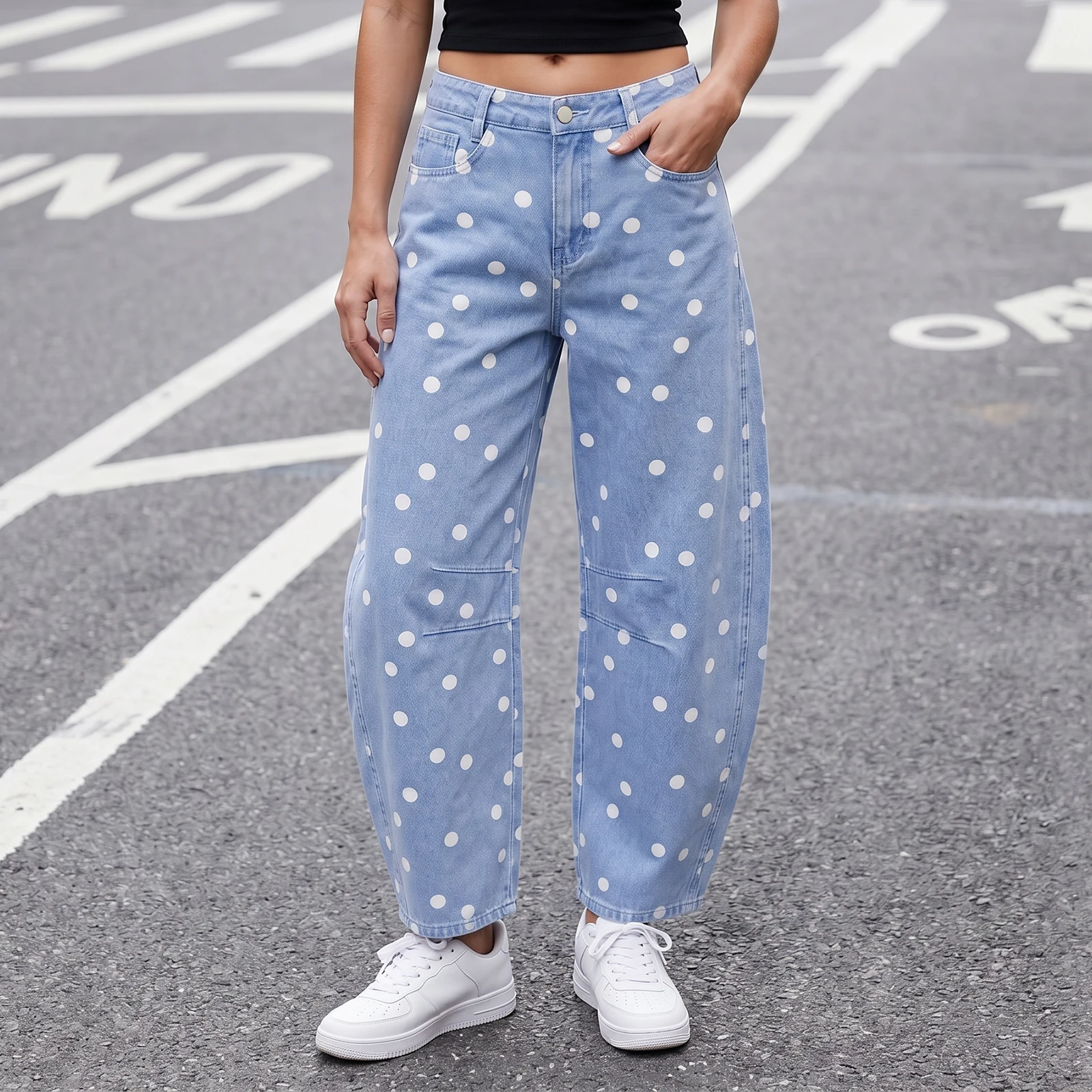 2026 Fashion Women's Fall Denim Barrel Pants Casual Loose Fit Stylish Mid Rise Dot Print Curved Wide Leg Jeans Casual Pants