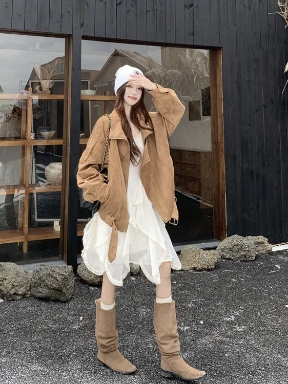 

plus Size Women's American Retro Deer Skin Velvet Biker Jaet Coat Autumn Winter New Sle Waist Cinched A-Line Skirt