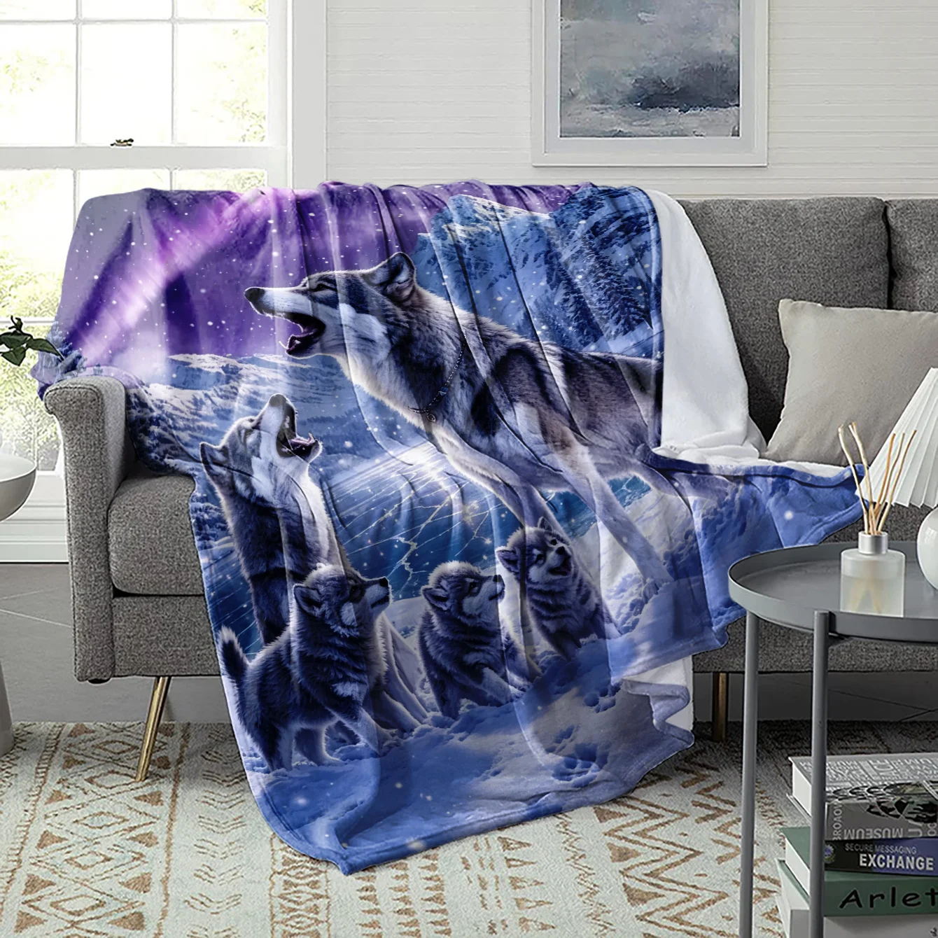 Vibrant Aurora Wolf Family Winter Scene Throw Blanket Cozy Pet Lover Gift for Home Decor