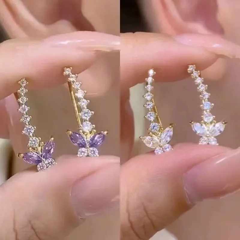 Punk Purple White Butterfly CZ Crystal Long Clip Earring for Women Elegant Lovely Simple Daily Studs Jewelry Christmas Gift