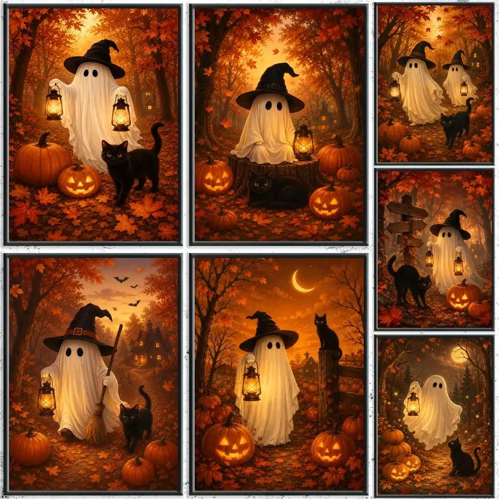 Witch Hat Ghost Black Cat Halloween Painting Calligraphy HD Canvas Poster Crease Free Waterproof All Space Wall Decor