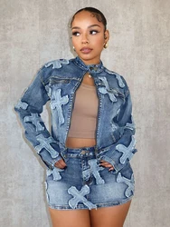 Ensemble 2 Pièces en Denim pour Femme, Veste à Manches sulfet Fermeture Éclair, Mini Jupe, Tenue Sexy et Douce, Vente en Gros, Livraison Directe, Printemps