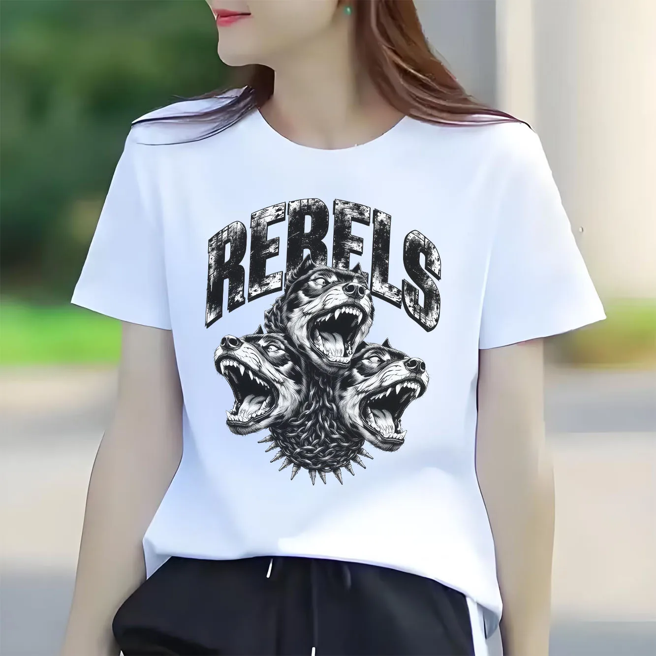 

Fashion chain dog head print pattern street style T-shirt short sleeved round neck casual versatile women's T-shirt